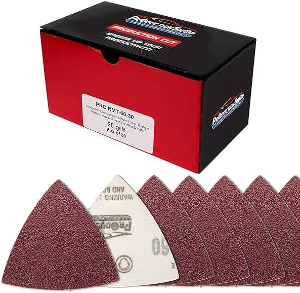 ProductionShop Premium 60 Grit Triangle Mouse Detail Sander Sandpaper Sheets, Box of 30 - Hook & Loop, Triangular Shaped Mouse Disc Pads - Oscillating Multi-Tools - Woodworking, Sand Furniture Paint - Image 1