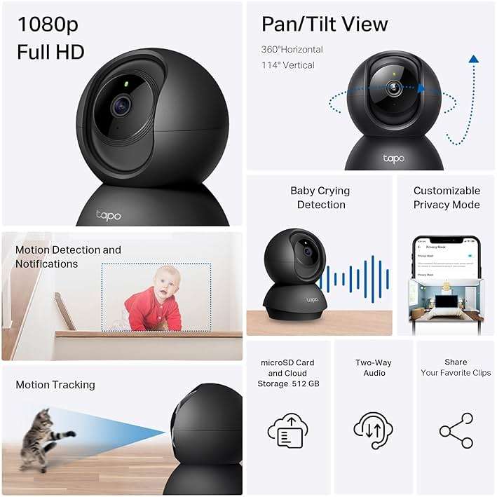 Tapo 1080P Indoor Pan/Tilt Wired Security Camera - Works as a Baby & Pet Monitor, Motion Detection, 2-Way Audio, Siren, Night Vision, Subscription-Free Local Storage or Optional Cloud, Black, C201 - Image 2