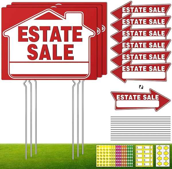 14Pcs Estate Sale Signs,17" x 13",Estate Sale Arrows Yard Sign Double Sided wth Metal Stake, Yard Sale Pricing Stickers,Directional Arrows & Fluorescent Neon Stickers - Image 1