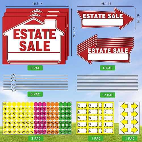 14Pcs Estate Sale Signs,17" x 13",Estate Sale Arrows Yard Sign Double Sided wth Metal Stake, Yard Sale Pricing Stickers,Directional Arrows & Fluorescent Neon Stickers - Image 2