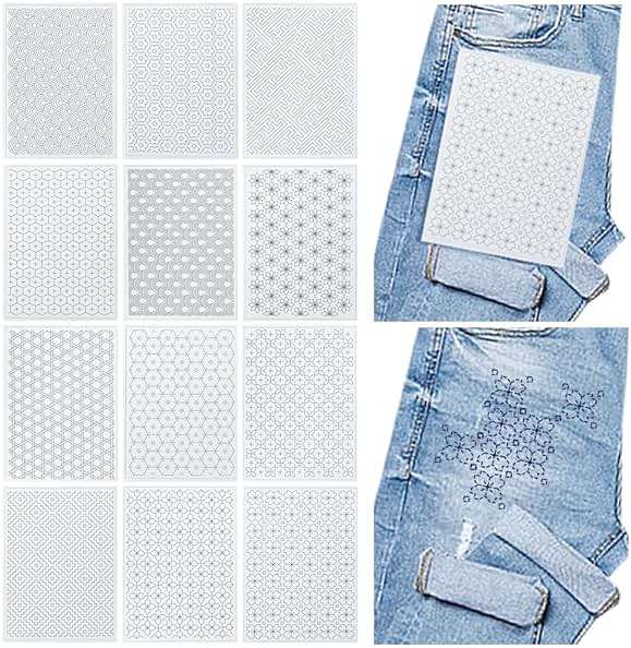 FREEBLOSS 12Pcs A4 Size Sashiko Water Soluble Embroidery Stabilizers 8.3x11.8'' | Embroidery Stabilizer Adhesive Stick and Wash Away Embroidery Stabilizer Embroidery Transfer Patterns Sashiko Template - Image 1