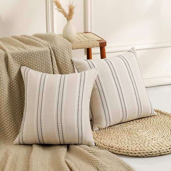 Hckot Throw Pillow Covers 20x20 Set of 2 Striped Pillow Covers Textured Linen Decorative Pillows Square Cushion Covers for Sofa Couch Bed Living Room Farmhouse Decor, Grey - Image 3