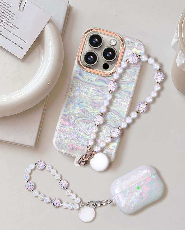 Compatible with iPhone 16 Pro Max Case for Women Girls, Slim Fit Glitter Cute Phone Case for iPhone 16 Pro Max with Pearl Phone Charm Lanyard Wrist Strap, Hard Protective Case 6.7 Inch Shiny White - Image 4