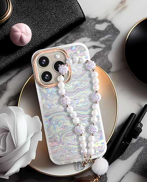 Compatible with iPhone 16 Pro Max Case for Women Girls, Slim Fit Glitter Cute Phone Case for iPhone 16 Pro Max with Pearl Phone Charm Lanyard Wrist Strap, Hard Protective Case 6.7 Inch Shiny White - Image 8
