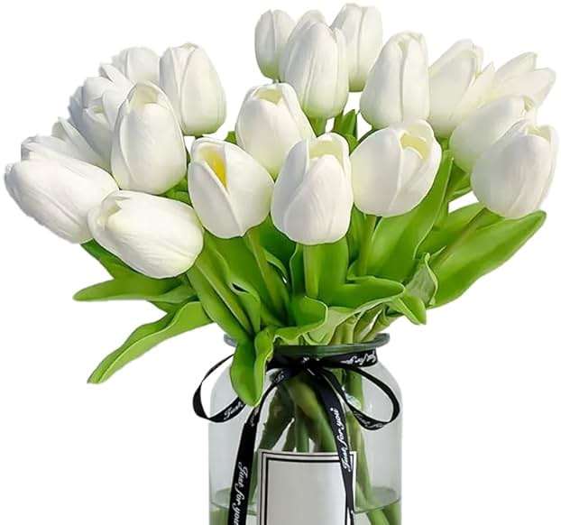 Nature’s Mimic 20pcs White Tulips Artificial Flowers 13 Inch PU Fake Flowers Fake Tulips for Mother's Day Easter in Home Wedding Office Party Table Decoration - Image 1