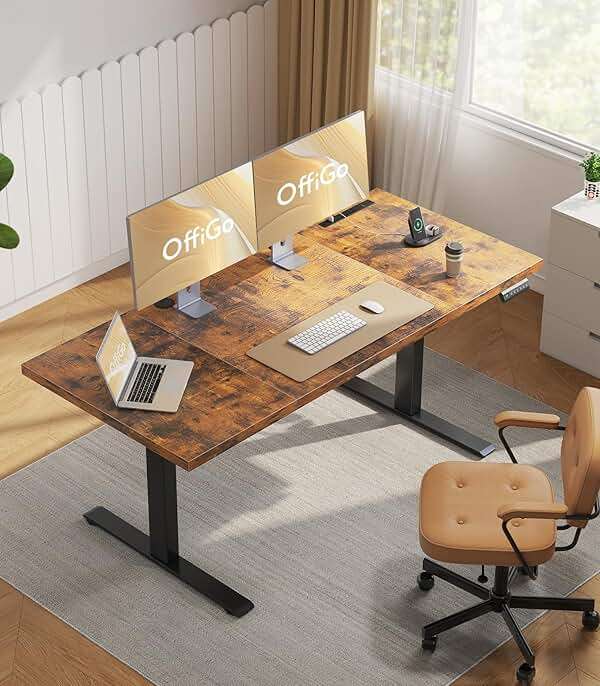 OffiGo 71 Inch Executive Electric Standing Desk, Height Adjustable Desk with Power Outlet & 1.38" Thick 3-Piece Desktop, Sit Stand Computer Desk for Home, Office, Conference Room, Rustic Brown - Image 2