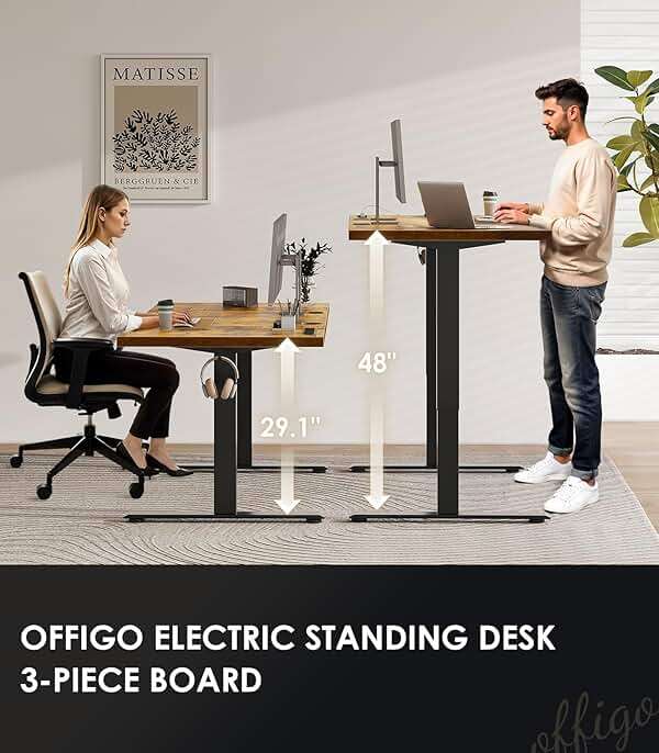 OffiGo 71 Inch Executive Electric Standing Desk, Height Adjustable Desk with Power Outlet & 1.38" Thick 3-Piece Desktop, Sit Stand Computer Desk for Home, Office, Conference Room, Rustic Brown - Image 3