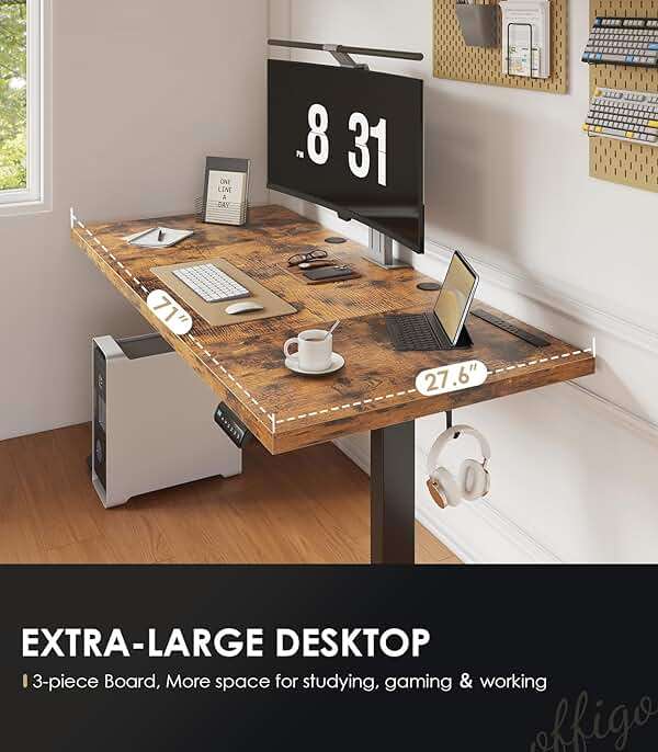 OffiGo 71 Inch Executive Electric Standing Desk, Height Adjustable Desk with Power Outlet & 1.38" Thick 3-Piece Desktop, Sit Stand Computer Desk for Home, Office, Conference Room, Rustic Brown - Image 5