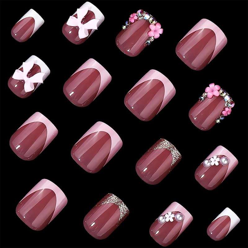 24pcs French Tip Press-On Nails - Short, Charms, Bow, Flower Design, Pink, Cute, Square Shape, Acrylic, Rhinestones - Image 3