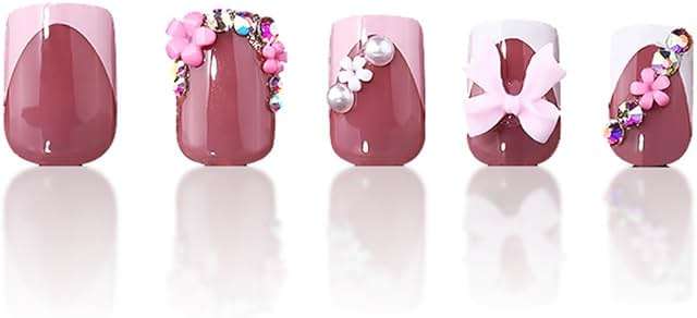 24pcs French Tip Press-On Nails - Short, Charms, Bow, Flower Design, Pink, Cute, Square Shape, Acrylic, Rhinestones - Image 5