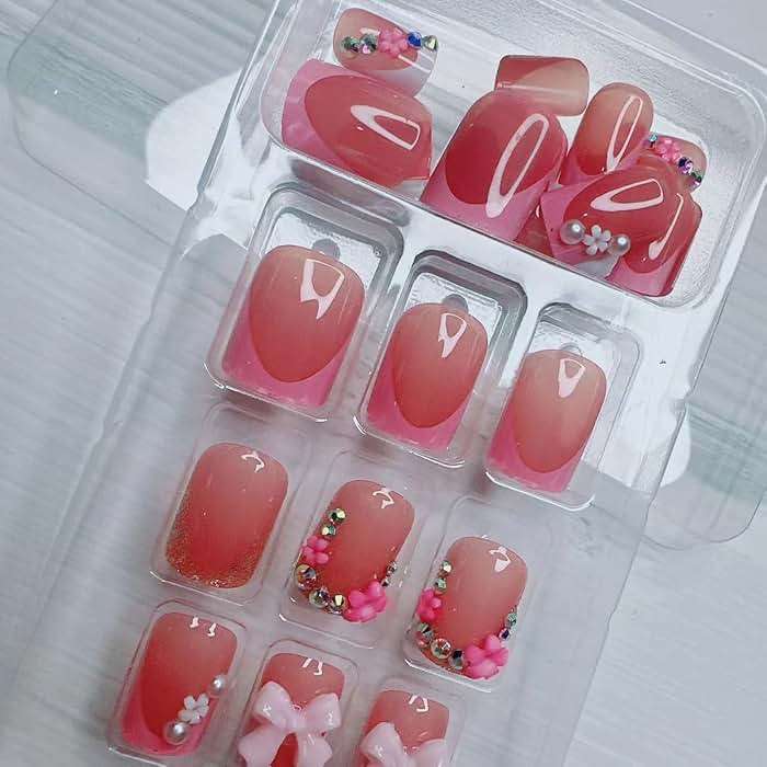 24pcs French Tip Press-On Nails - Short, Charms, Bow, Flower Design, Pink, Cute, Square Shape, Acrylic, Rhinestones - Image 8