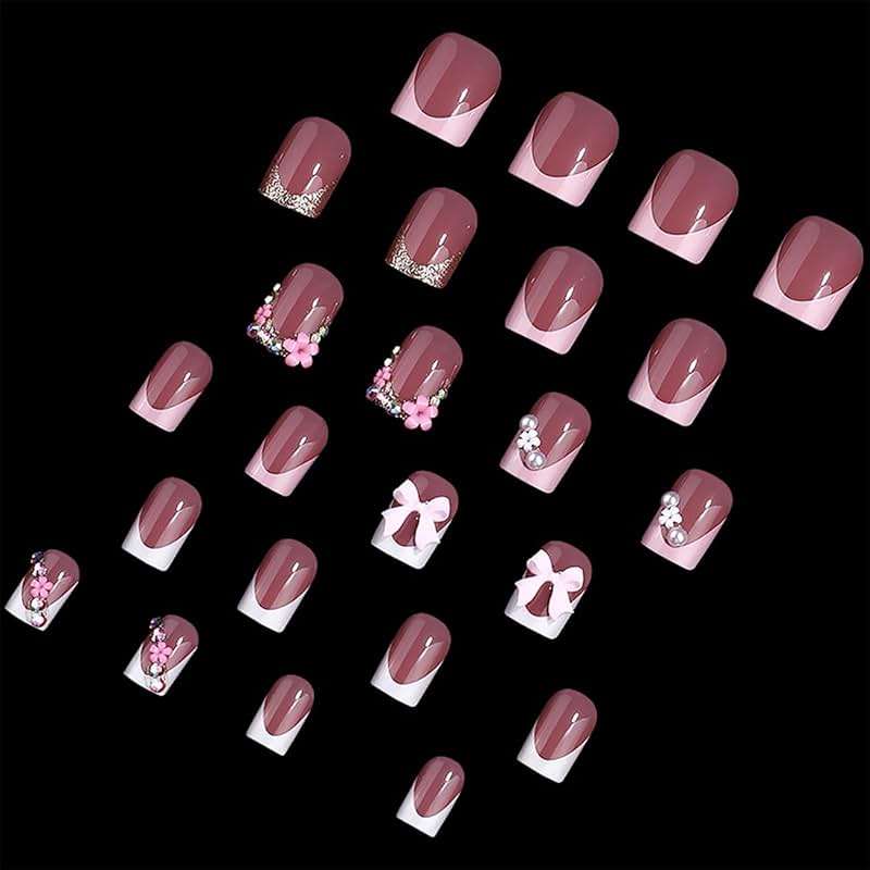 24pcs French Tip Press-On Nails - Short, Charms, Bow, Flower Design, Pink, Cute, Square Shape, Acrylic, Rhinestones - Image 9