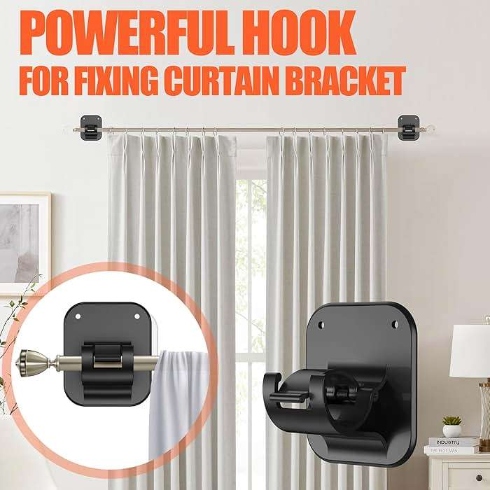 No Drill Curtain Rod Brackets No Drilling Holder 20lb - Renter Friendly Self Adhesive Hooks for Apartment Dorm Classroom Essentials Decor Hanging Drapes Rv Over Blinds Kitchen Bedroom Home - Image 5