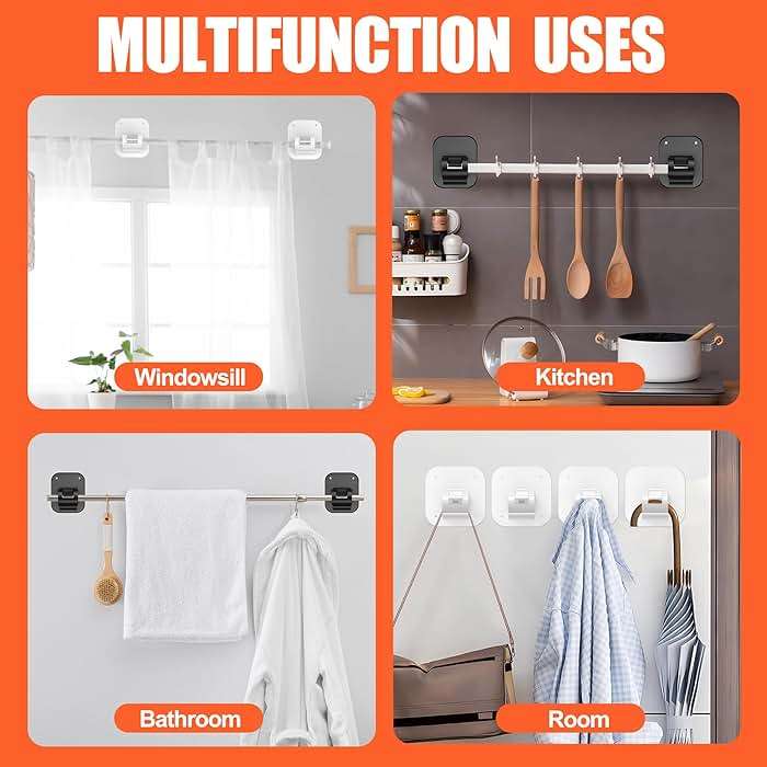 No Drill Curtain Rod Brackets No Drilling Holder 20lb - Renter Friendly Self Adhesive Hooks for Apartment Dorm Classroom Essentials Decor Hanging Drapes Rv Over Blinds Kitchen Bedroom Home - Image 6