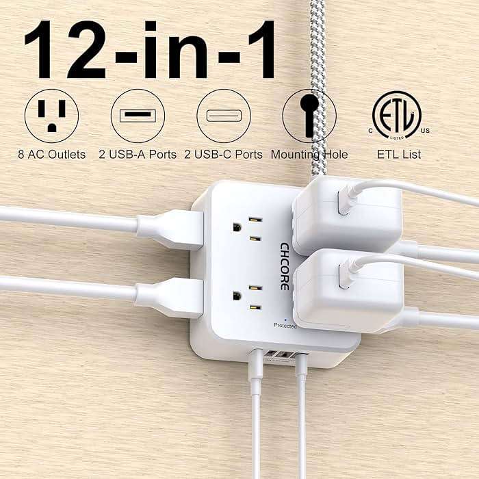 Surge Protector Power Strip - CHCORE 5Ft Braided Extension Cord with 8 Outlets with 4 USB (2 USB C) Charging Ports, Flat Plug Multi Plug Outlet Extender Charging Station for Home Office, ETL, White - Image 2