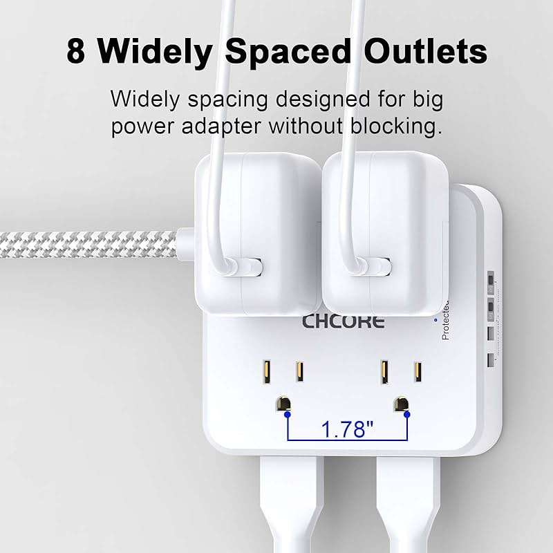 Surge Protector Power Strip - CHCORE 5Ft Braided Extension Cord with 8 Outlets with 4 USB (2 USB C) Charging Ports, Flat Plug Multi Plug Outlet Extender Charging Station for Home Office, ETL, White - Image 4