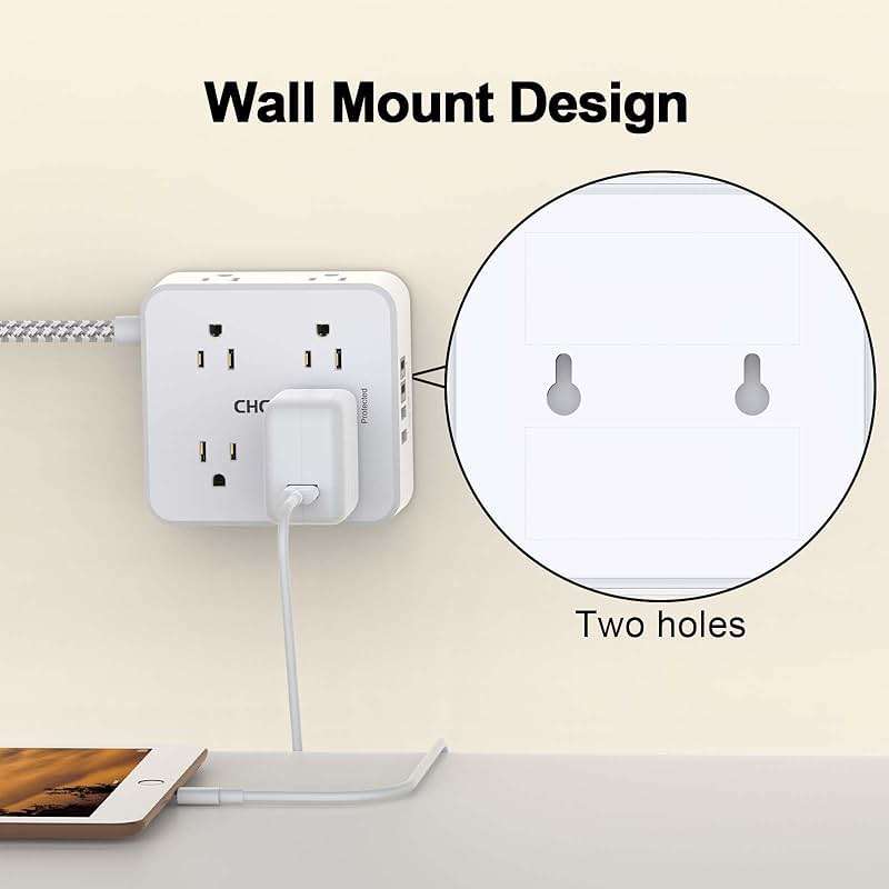 Surge Protector Power Strip - CHCORE 5Ft Braided Extension Cord with 8 Outlets with 4 USB (2 USB C) Charging Ports, Flat Plug Multi Plug Outlet Extender Charging Station for Home Office, ETL, White - Image 5