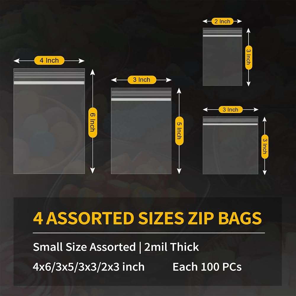 400 Pack Small Plastic Bags For Jewelry, Mini Baggies 4 Assorted Sizes. 2x3 3x3 3x5 4x6 Inch 2 Mil Thick Poly Zipper Lock Bags - Image 2