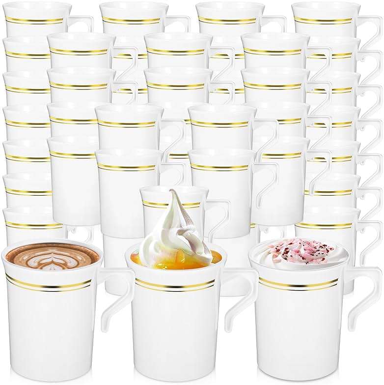 Ubamdom 48 Pcs Plastic Coffee Cups with Rim, 8 oz Disposable Coffee Mugs with Handle Disposable Tea Cups Espresso Beverage Plastic Mugs for Wedding (White, Gold) - Image 1