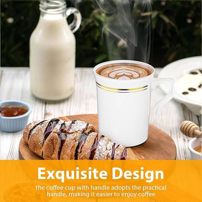 Ubamdom 48 Pcs Plastic Coffee Cups with Rim, 8 oz Disposable Coffee Mugs with Handle Disposable Tea Cups Espresso Beverage Plastic Mugs for Wedding (White, Gold) - Image 2
