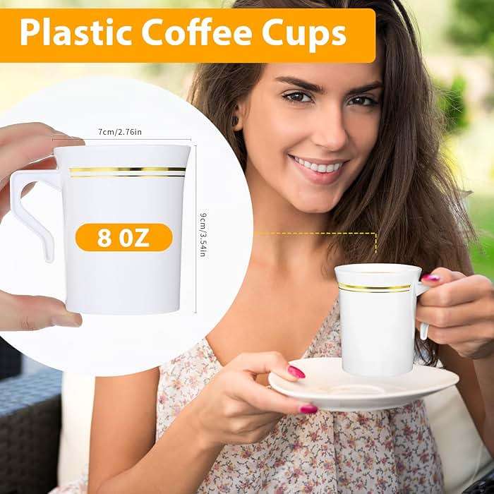 Ubamdom 48 Pcs Plastic Coffee Cups with Rim, 8 oz Disposable Coffee Mugs with Handle Disposable Tea Cups Espresso Beverage Plastic Mugs for Wedding (White, Gold) - Image 3
