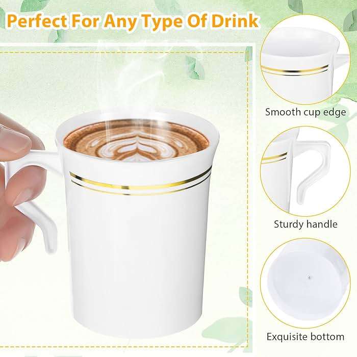 Ubamdom 48 Pcs Plastic Coffee Cups with Rim, 8 oz Disposable Coffee Mugs with Handle Disposable Tea Cups Espresso Beverage Plastic Mugs for Wedding (White, Gold) - Image 4