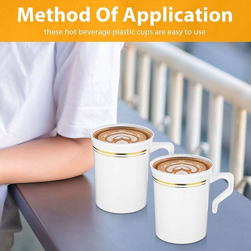 Ubamdom 48 Pcs Plastic Coffee Cups with Rim, 8 oz Disposable Coffee Mugs with Handle Disposable Tea Cups Espresso Beverage Plastic Mugs for Wedding (White, Gold) - Image 5