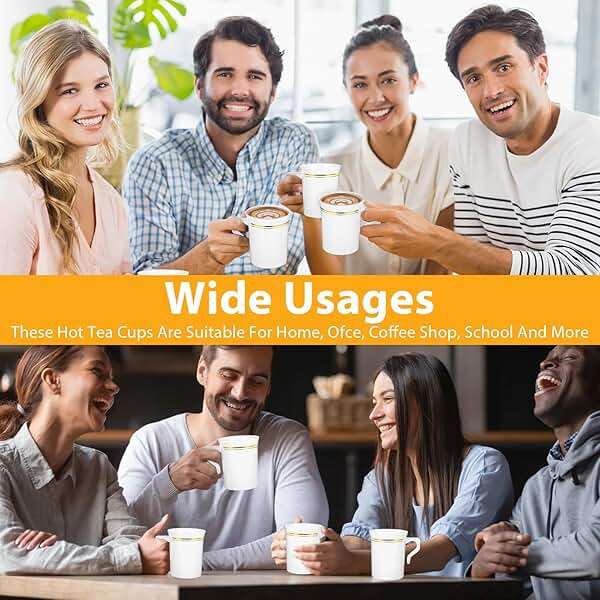 Ubamdom 48 Pcs Plastic Coffee Cups with Rim, 8 oz Disposable Coffee Mugs with Handle Disposable Tea Cups Espresso Beverage Plastic Mugs for Wedding (White, Gold) - Image 7