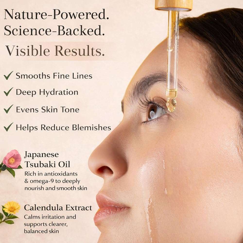 100% Organic Tsubaki Face Oil & Under-Eye Serum. Jojoba, Calendula, & Rice Bran - Hydrating & Brightening for Glowing Skin, Dark Spots & Even Skin Tone, Moisturizing Anti Aging Serum by Finally - Image 5