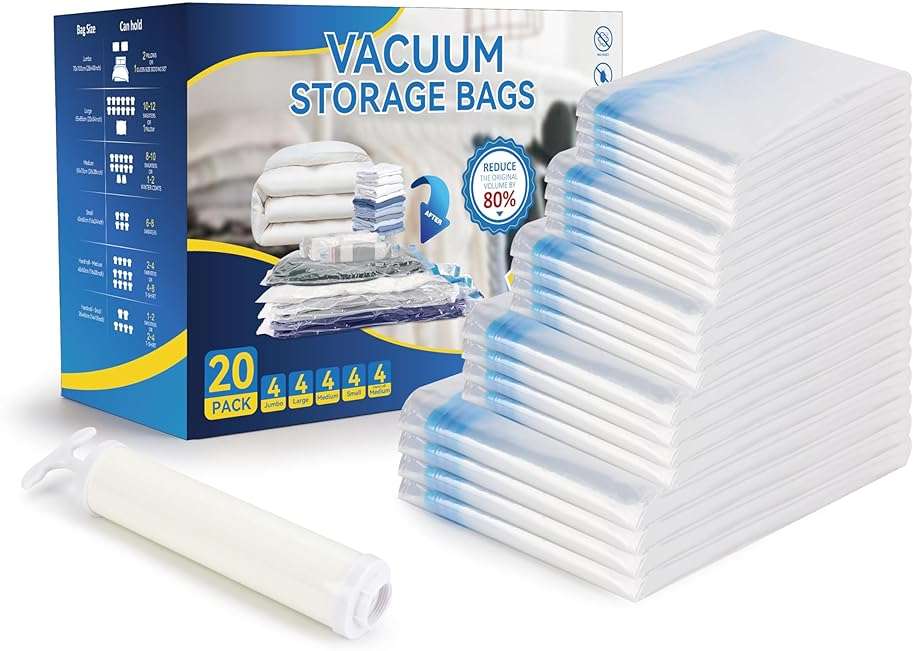20 Pack Vacuum Seal Bags (4 Jumbo/4 Large/4 Medium/4 Small/4 Roll M), Vacuum Storage Bags with Hand Pump, Space Saver Bags for Comforters, Blankets, Bedding, Pillows, Clothes - Image 1