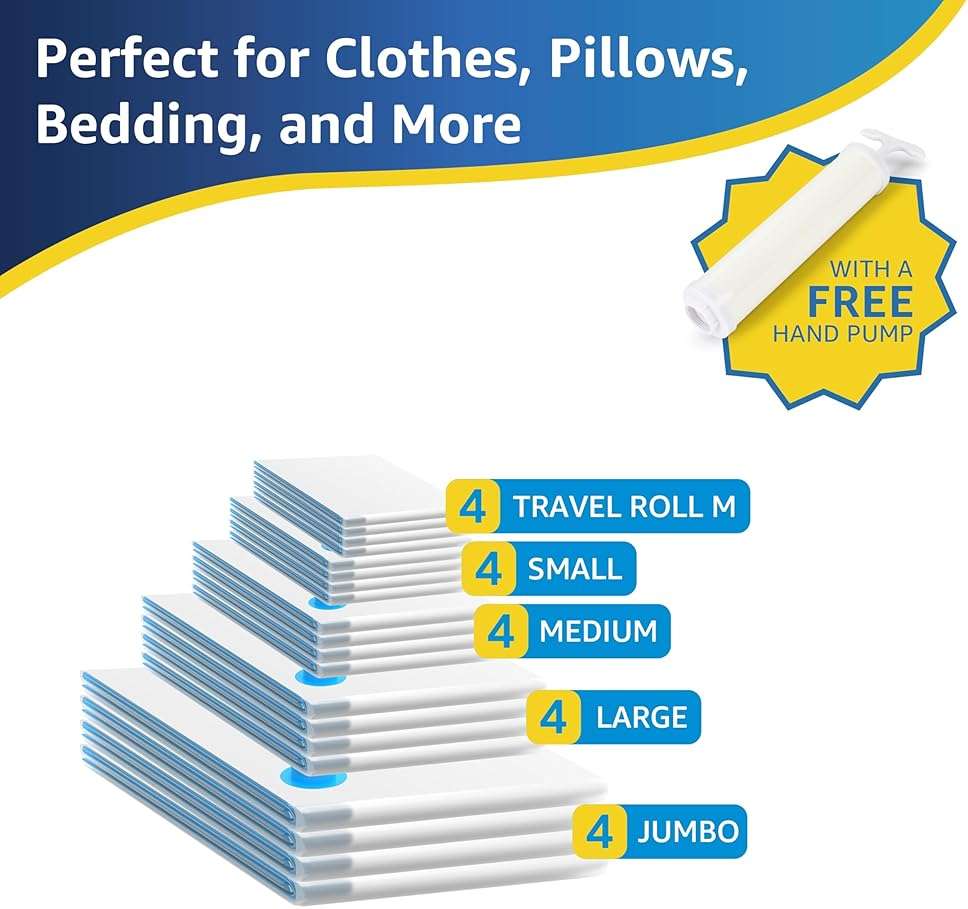 20 Pack Vacuum Seal Bags (4 Jumbo/4 Large/4 Medium/4 Small/4 Roll M), Vacuum Storage Bags with Hand Pump, Space Saver Bags for Comforters, Blankets, Bedding, Pillows, Clothes - Image 3