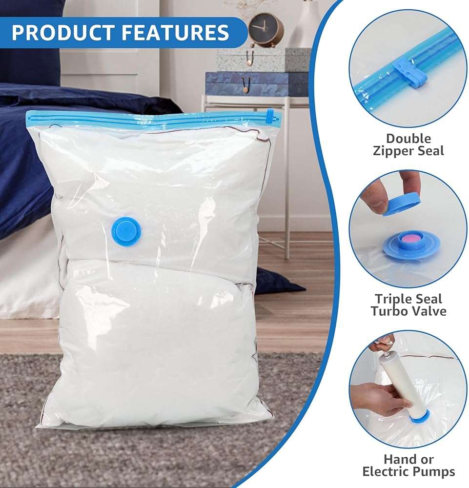 20 Pack Vacuum Seal Bags (4 Jumbo/4 Large/4 Medium/4 Small/4 Roll M), Vacuum Storage Bags with Hand Pump, Space Saver Bags for Comforters, Blankets, Bedding, Pillows, Clothes - Image 5