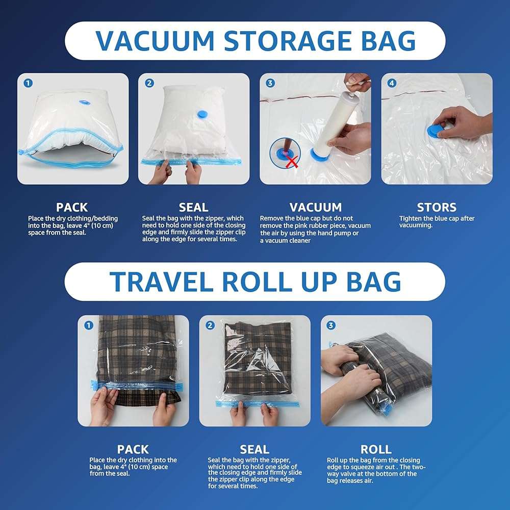20 Pack Vacuum Seal Bags (4 Jumbo/4 Large/4 Medium/4 Small/4 Roll M), Vacuum Storage Bags with Hand Pump, Space Saver Bags for Comforters, Blankets, Bedding, Pillows, Clothes - Image 6