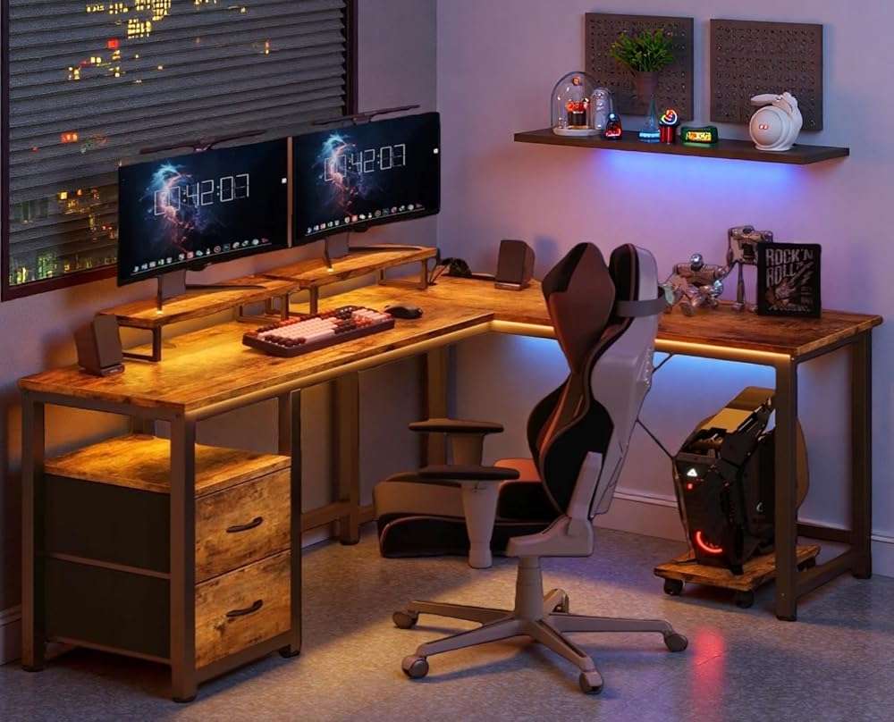 Gizoon 66 Inch L Shaped Home Office Desk with Power Outlets, Reversible Corner Computer Gaming Table with Large Drawers & CPU Stand, Rustic Brown - Image 1