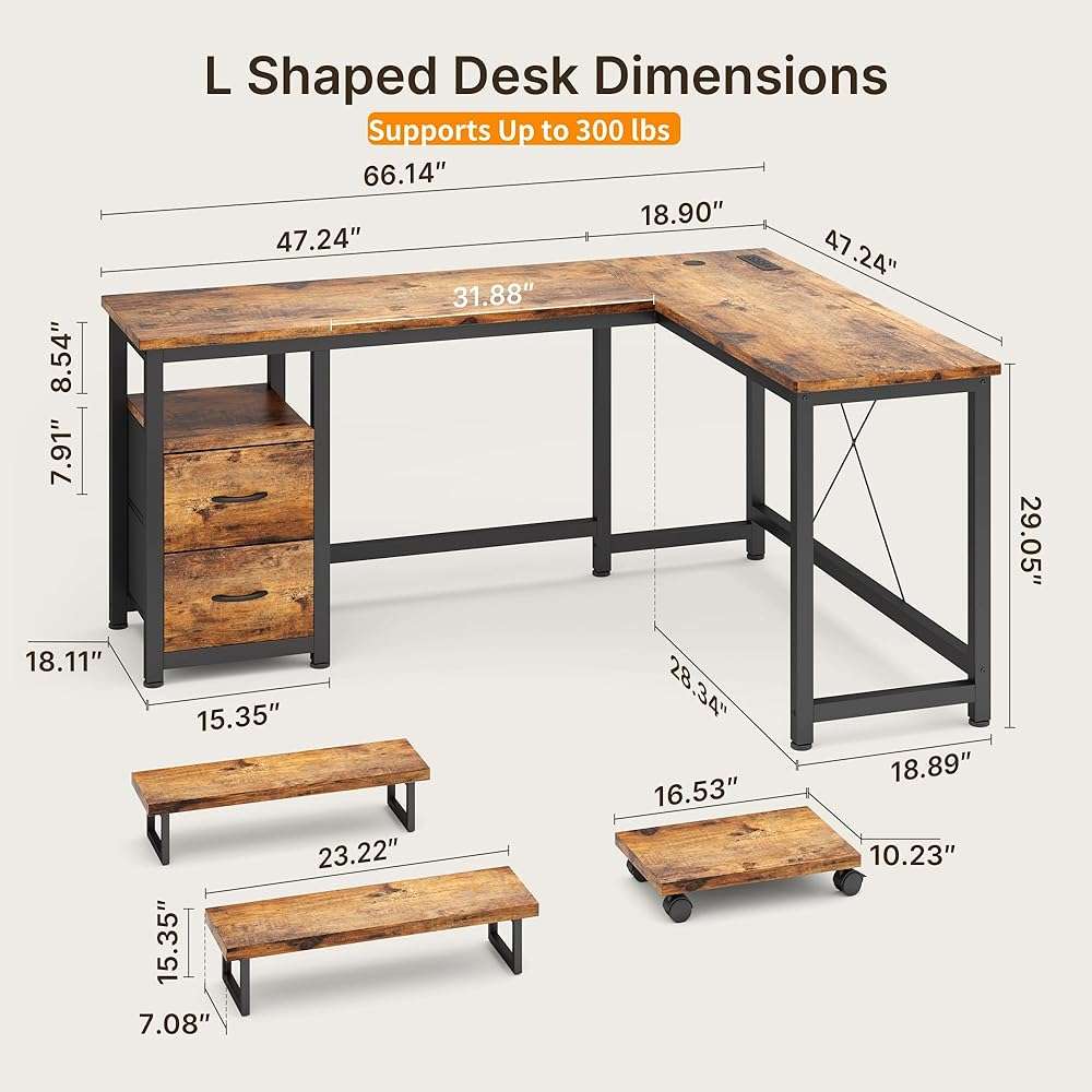 Gizoon 66 Inch L Shaped Home Office Desk with Power Outlets, Reversible Corner Computer Gaming Table with Large Drawers & CPU Stand, Rustic Brown - Image 2