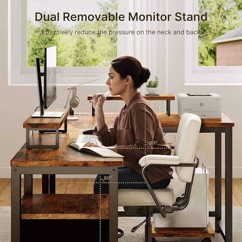 Gizoon 66 Inch L Shaped Home Office Desk with Power Outlets, Reversible Corner Computer Gaming Table with Large Drawers & CPU Stand, Rustic Brown - Image 3