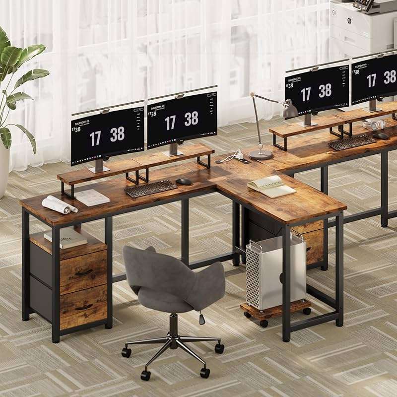 Gizoon 66 Inch L Shaped Home Office Desk with Power Outlets, Reversible Corner Computer Gaming Table with Large Drawers & CPU Stand, Rustic Brown - Image 7