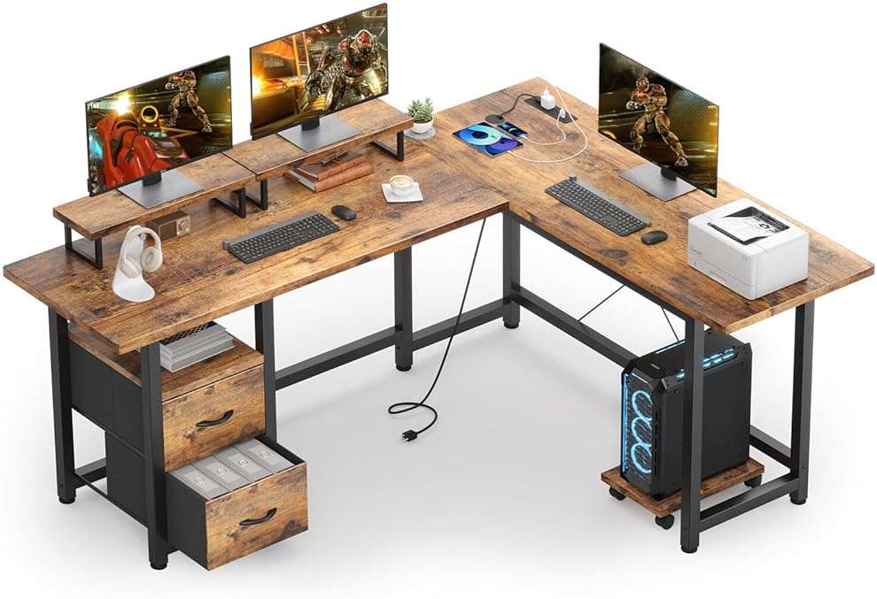 Gizoon 66 Inch L Shaped Home Office Desk with Power Outlets, Reversible Corner Computer Gaming Table with Large Drawers & CPU Stand, Rustic Brown - Image 8