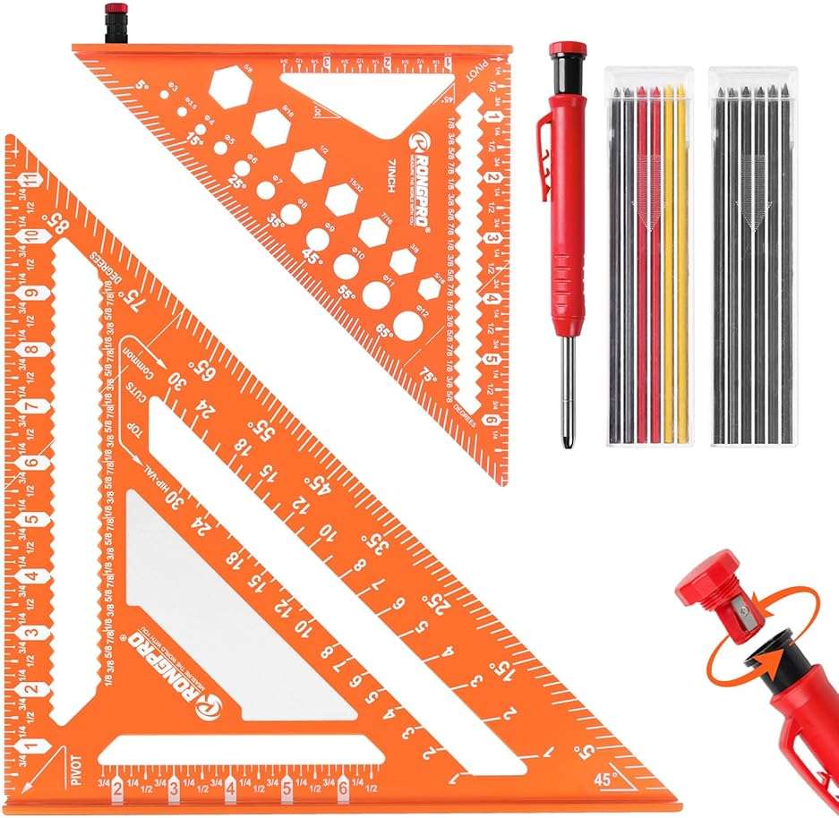 2pcs Rafter Square, 12-inch & 7-inch Carpenter Sqaure Set withWoodworking Pencil, Carpenter Measuring Layout Tool,Aluminum Alloy Triangle Ruler for Woodworking- Imperial - Image 1