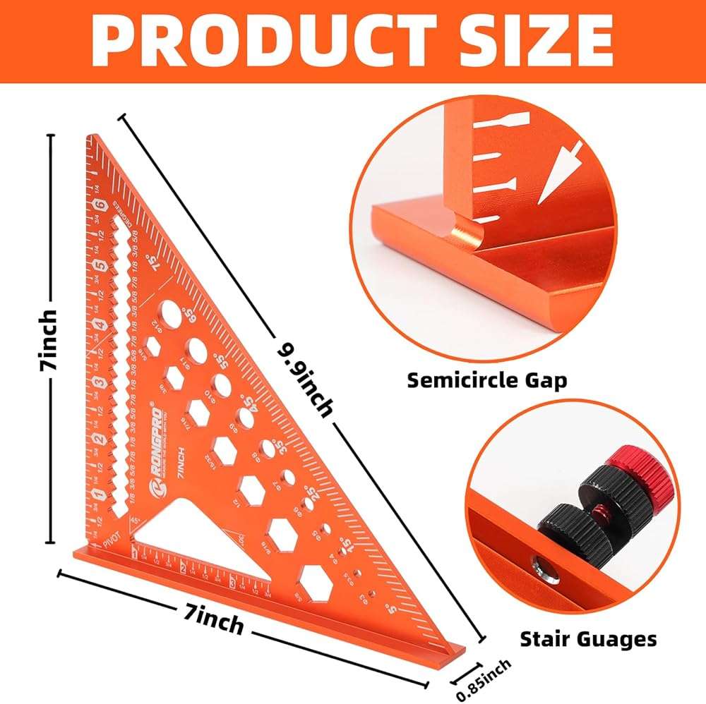 2pcs Rafter Square, 12-inch & 7-inch Carpenter Sqaure Set withWoodworking Pencil, Carpenter Measuring Layout Tool,Aluminum Alloy Triangle Ruler for Woodworking- Imperial - Image 2