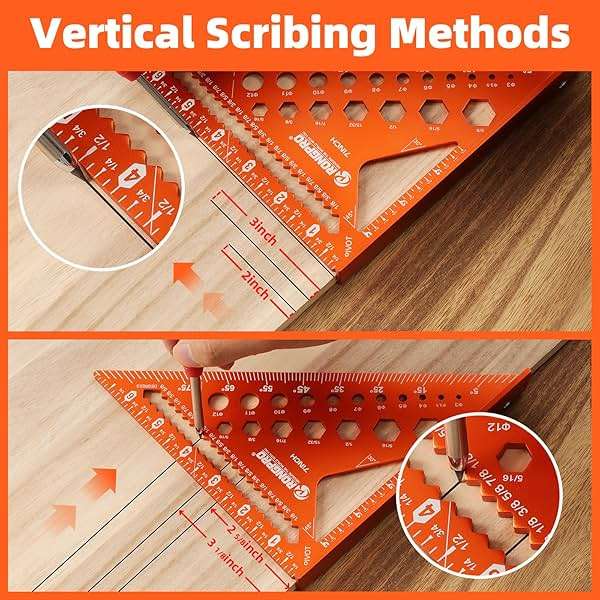 2pcs Rafter Square, 12-inch & 7-inch Carpenter Sqaure Set withWoodworking Pencil, Carpenter Measuring Layout Tool,Aluminum Alloy Triangle Ruler for Woodworking- Imperial - Image 3