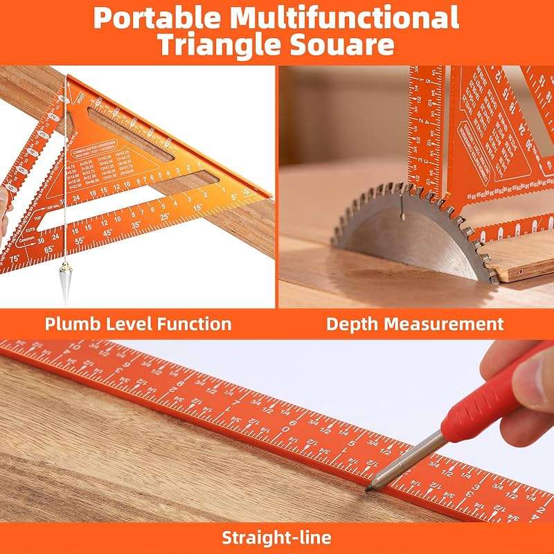 2pcs Rafter Square, 12-inch & 7-inch Carpenter Sqaure Set withWoodworking Pencil, Carpenter Measuring Layout Tool,Aluminum Alloy Triangle Ruler for Woodworking- Imperial - Image 4