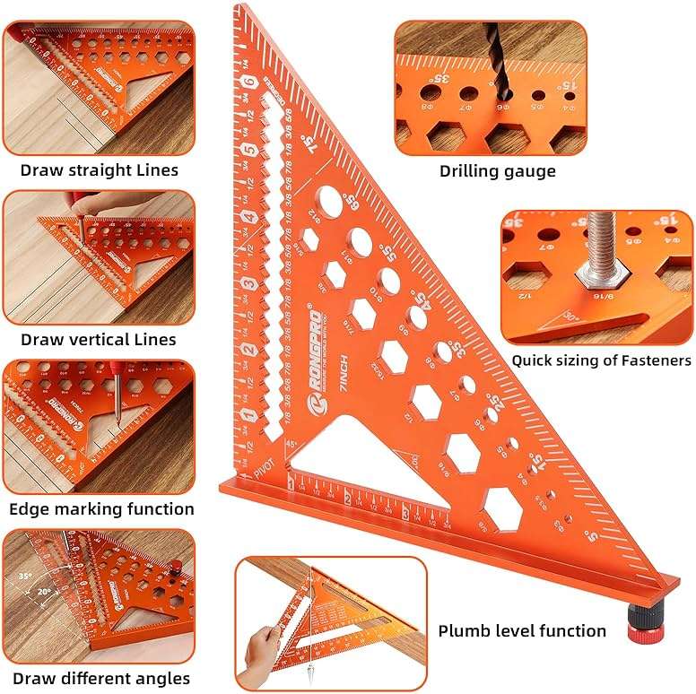 2pcs Rafter Square, 12-inch & 7-inch Carpenter Sqaure Set withWoodworking Pencil, Carpenter Measuring Layout Tool,Aluminum Alloy Triangle Ruler for Woodworking- Imperial - Image 5