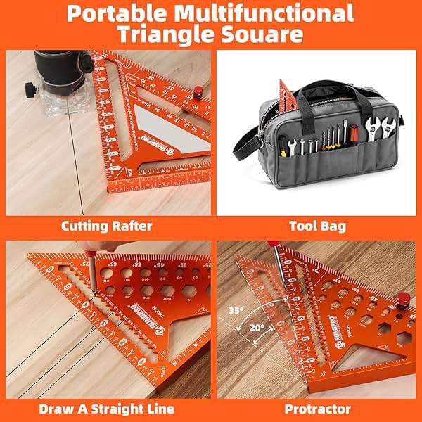 2pcs Rafter Square, 12-inch & 7-inch Carpenter Sqaure Set withWoodworking Pencil, Carpenter Measuring Layout Tool,Aluminum Alloy Triangle Ruler for Woodworking- Imperial - Image 7