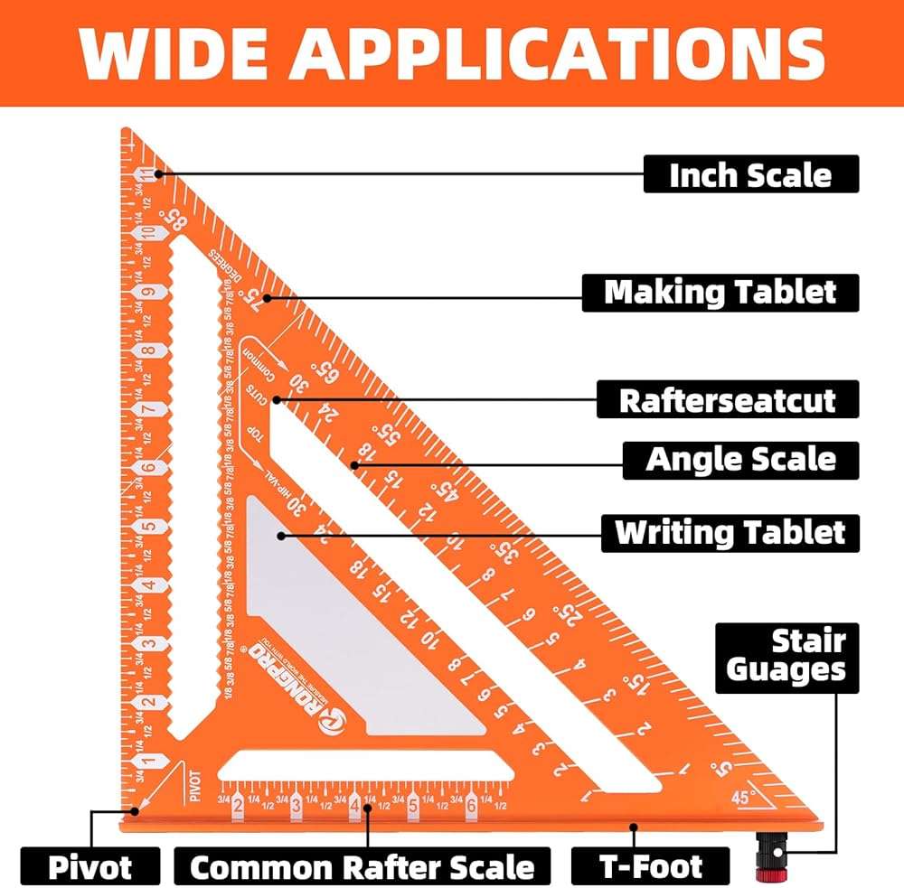 2pcs Rafter Square, 12-inch & 7-inch Carpenter Sqaure Set withWoodworking Pencil, Carpenter Measuring Layout Tool,Aluminum Alloy Triangle Ruler for Woodworking- Imperial - Image 8
