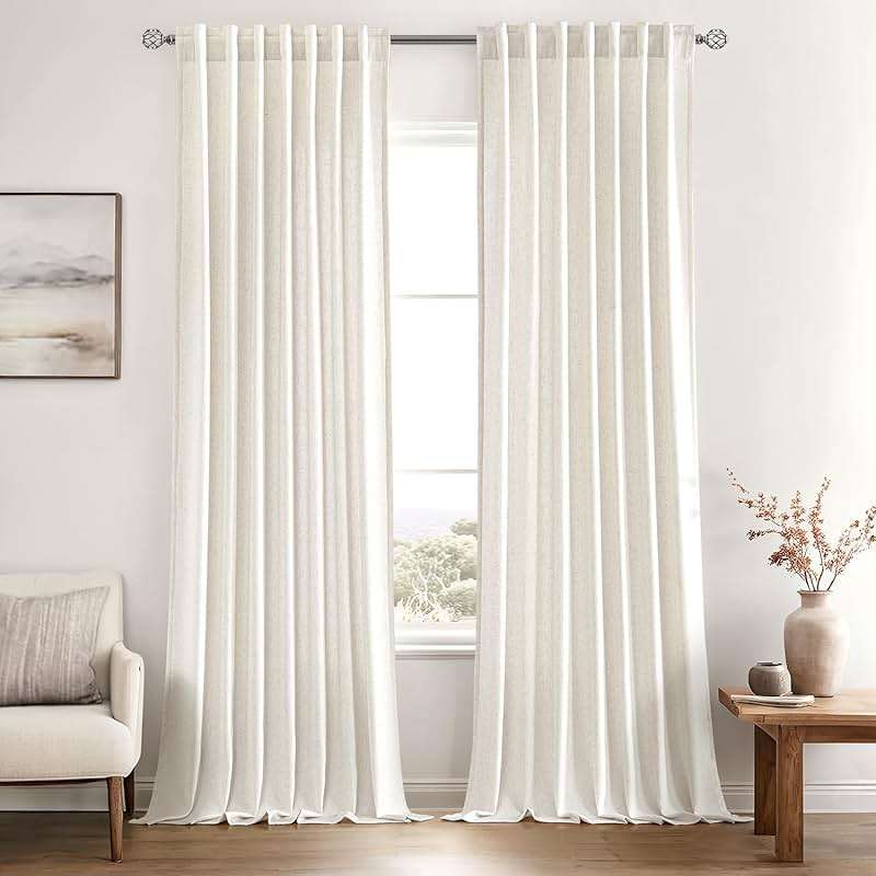 MIULEE Non-See-Through Privacy Linen Curtains 2 Panels, Light Filtering Window Curtains Farmhouse Textured Back Tab Semi Sheer Drapes for Bedroom Living Room, 52 x 90 Inches Long, Natural White - Image 3
