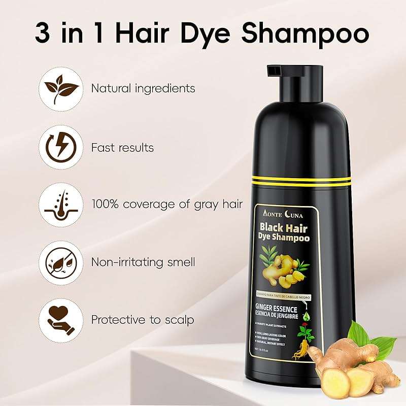 IIIMEIDU Black Hair Dye Shampoo 3 in 1, Natural Hair Dye Semi Permanent Hair Color, Gray Hair Cover Up, Ginger Essence shampoo for Color Treated Hair for Women and Men (500ml) 1 - Image 3
