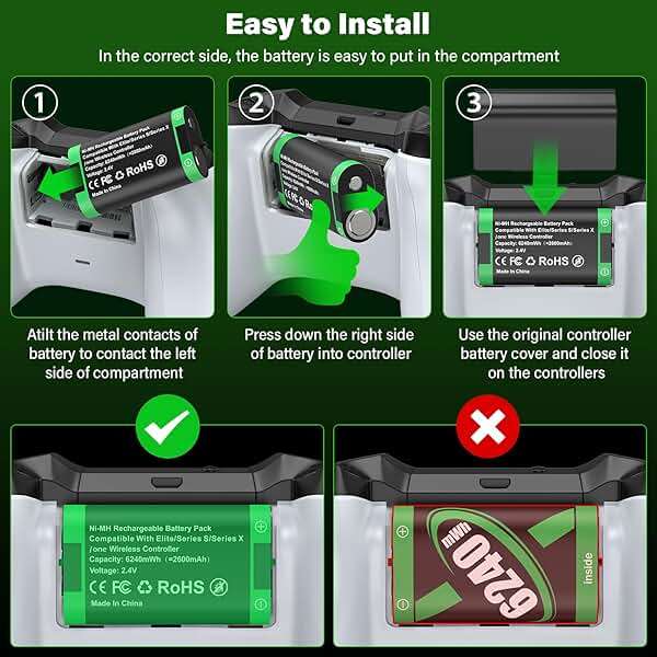 Rechargeable Battery Pack for Xbox Controller, 2x6240mWh Rechargeable Batteries Pack for Xbox One/Xbox Series X|S Xbox One S/Xbox One X/Xbox One Elite Controller Accessories Play and Charge Kit - Image 6