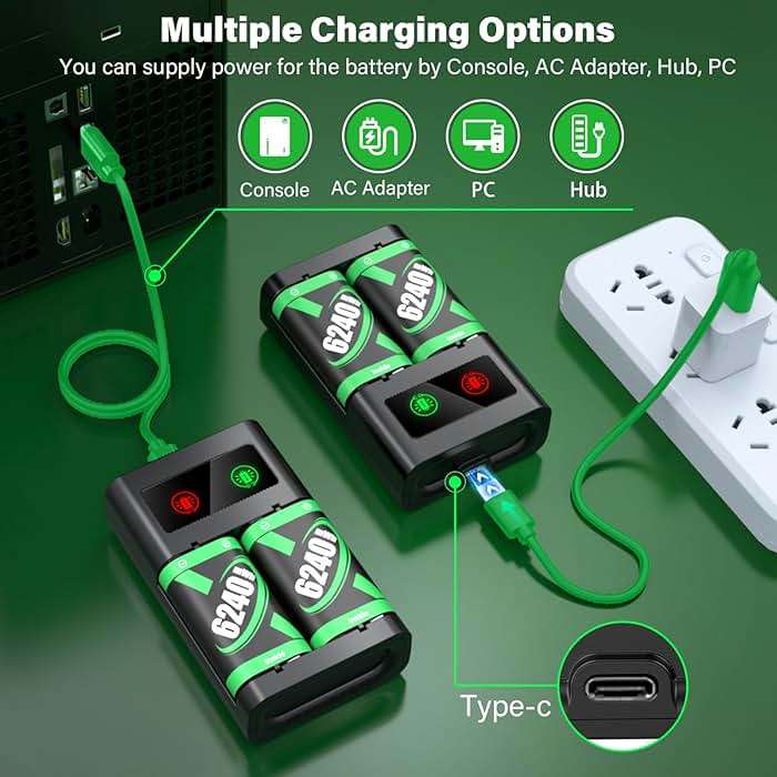 Rechargeable Battery Pack for Xbox Controller, 2x6240mWh Rechargeable Batteries Pack for Xbox One/Xbox Series X|S Xbox One S/Xbox One X/Xbox One Elite Controller Accessories Play and Charge Kit - Image 8