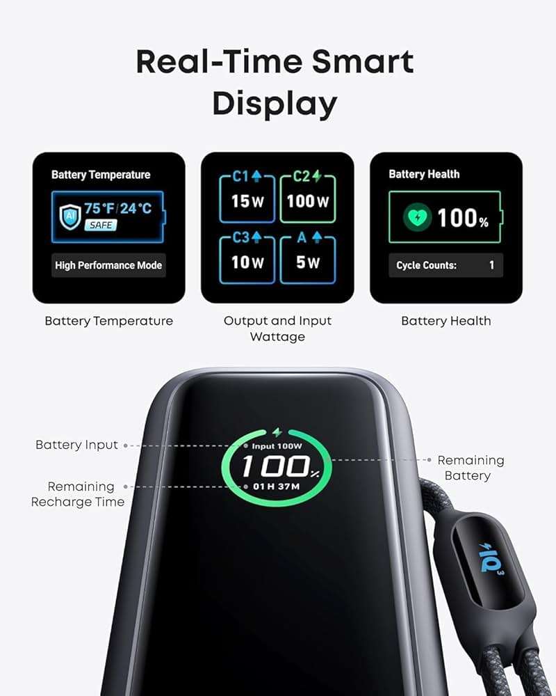 Anker Laptop Power Bank,25,000mAh Portable Charger with 165W Total Output,3 USB-C Ports (100W Max Each),Built-in Retractable Cables,Flight-Ready,for iPhone 17/16 Series,MacBook,Samsung,and More - Image 6